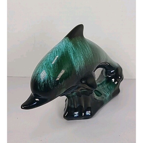 Blue Mountain Pottery Dolphin Figurine Green Drip Glaze Canadian Vintage Decor - Picture 3 of 8